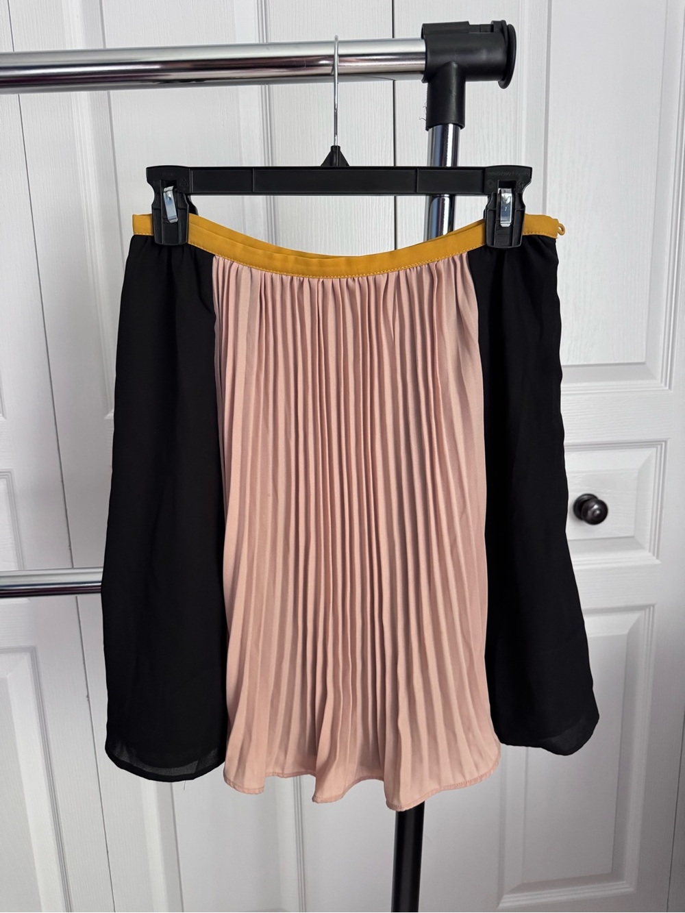 Greylin Pleated Colorblock Skirt in Blush, Black & Mustard